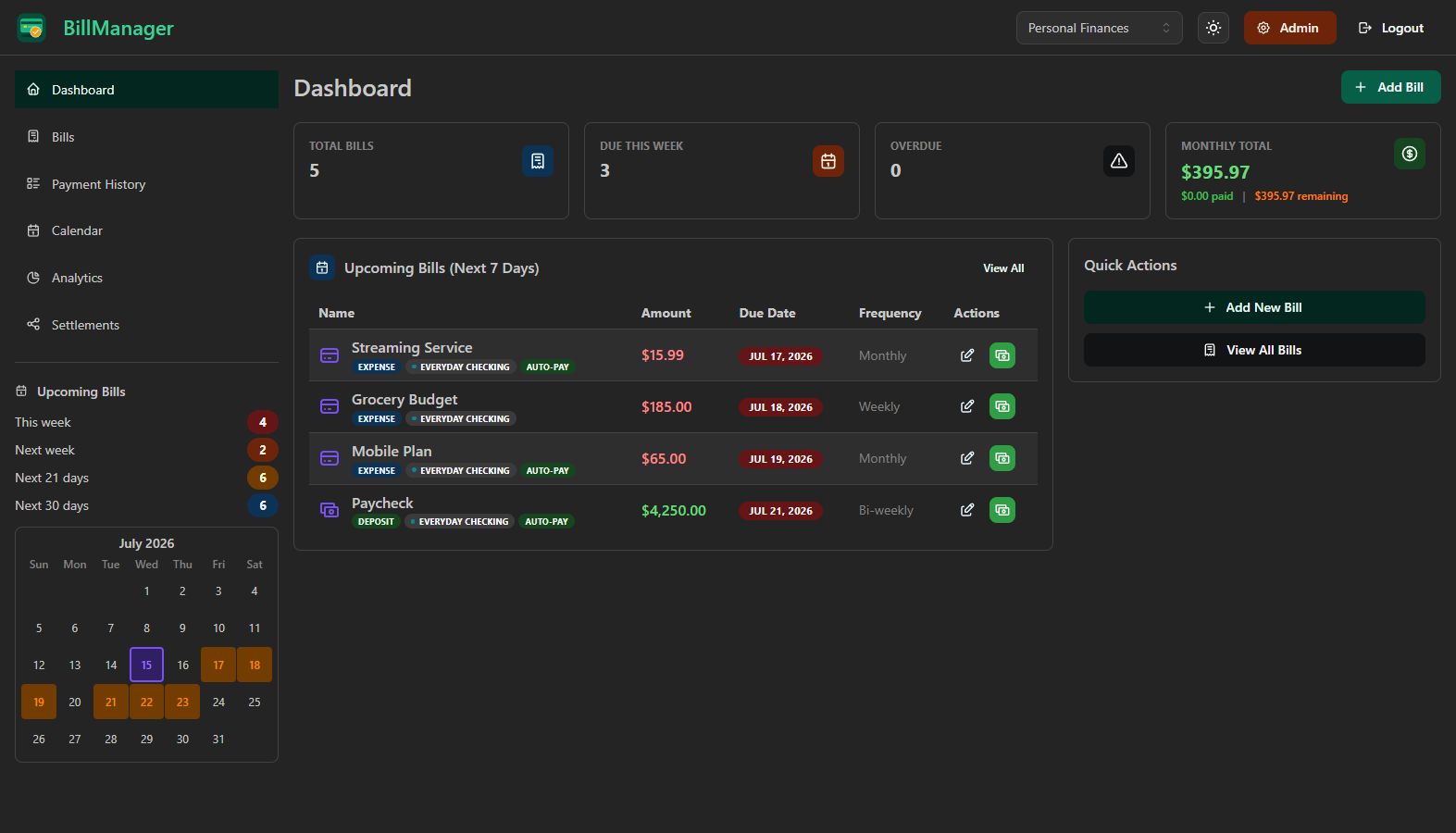 BillManager Dashboard with settlements navigation in dark mode