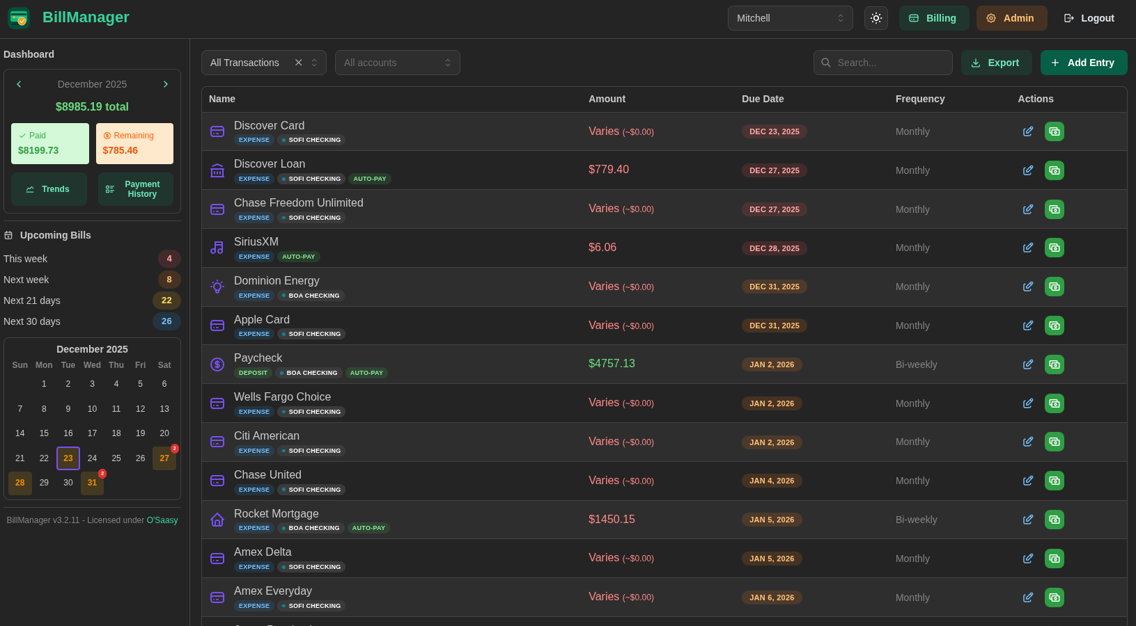 BillManager Dashboard - Dark Mode