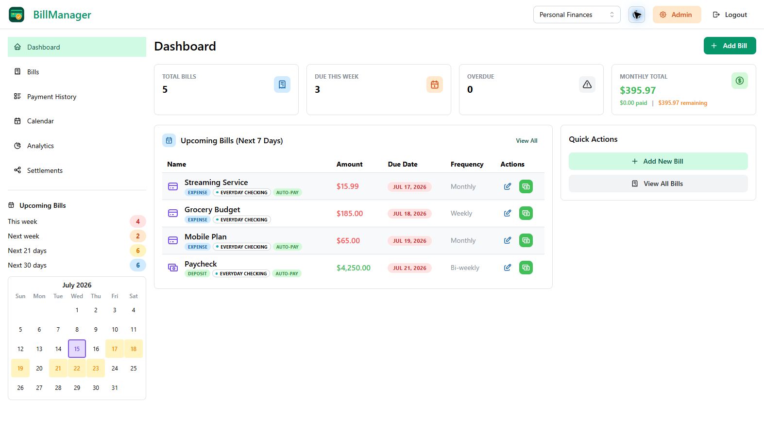 BillManager Dashboard with settlements navigation in light mode