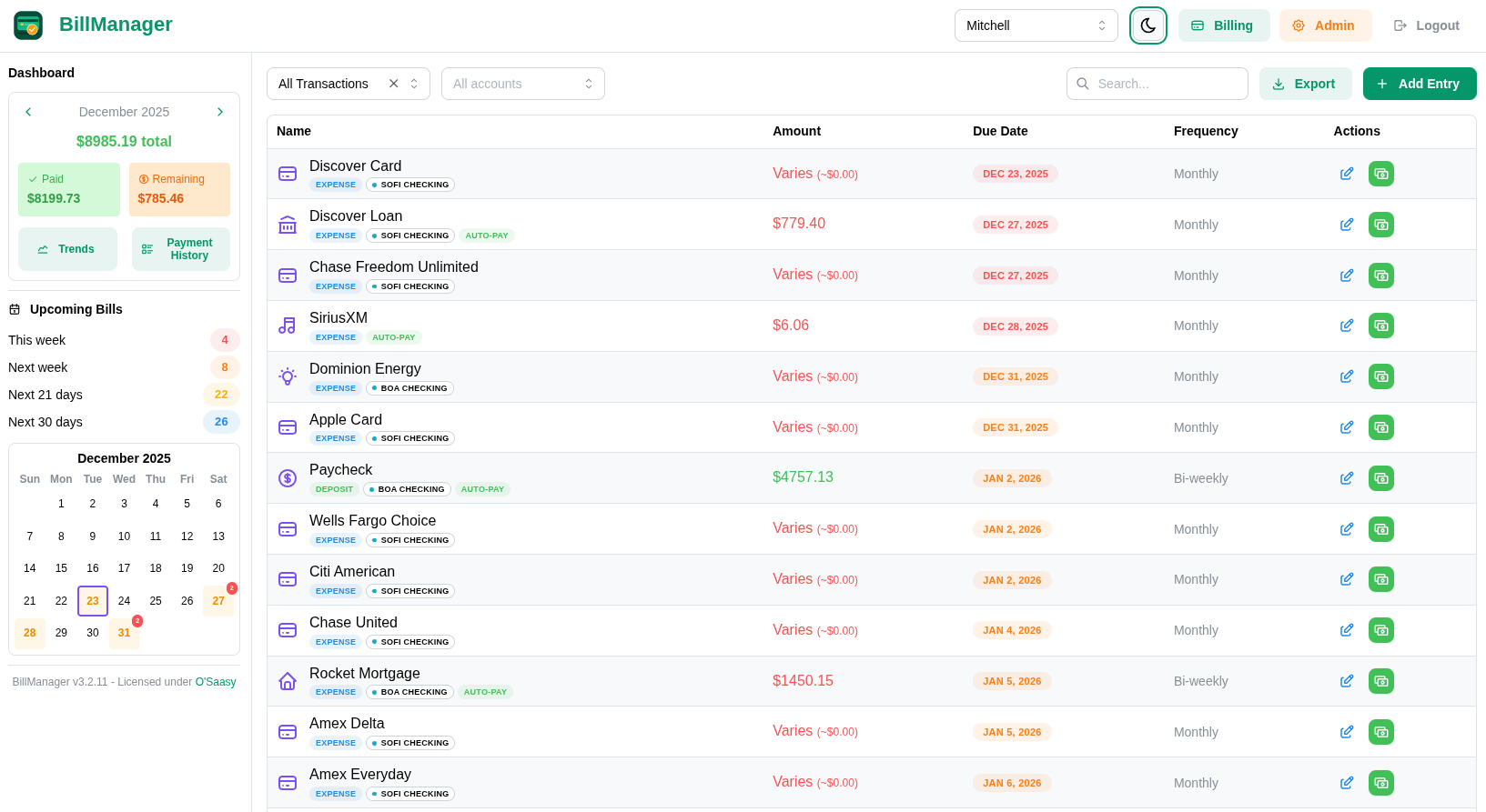BillManager Dashboard - Light Mode